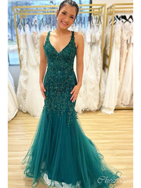 Charming Dark Green Mermaid Straps V Neck Sleeveless Lace Maxi Long Party Prom Dresses, Evening Gowns, FM374