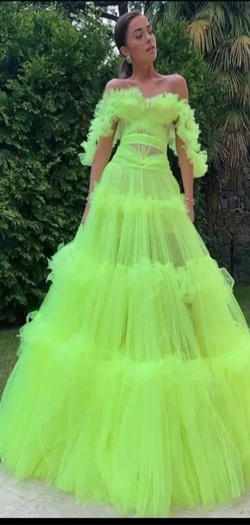 Elegant Lime Green Off Shoulder A-Line&nbsp;Popular Maxi Long Party Prom Dresses,Evening Dress Online, FM548