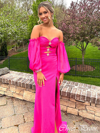 Elegant Pink Off Shoulder Mermaid Side Slit&nbsp;Popular Maxi Long Party Prom Dresses,Evening Dress Online, FM547