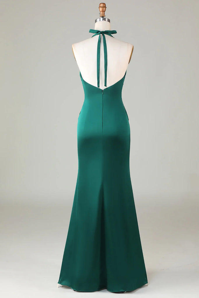 Elegant Emerald Green Mermaid Halter V Neck Pleats Maxi Long Party Prom Dresses,Evening Gowns,FM90