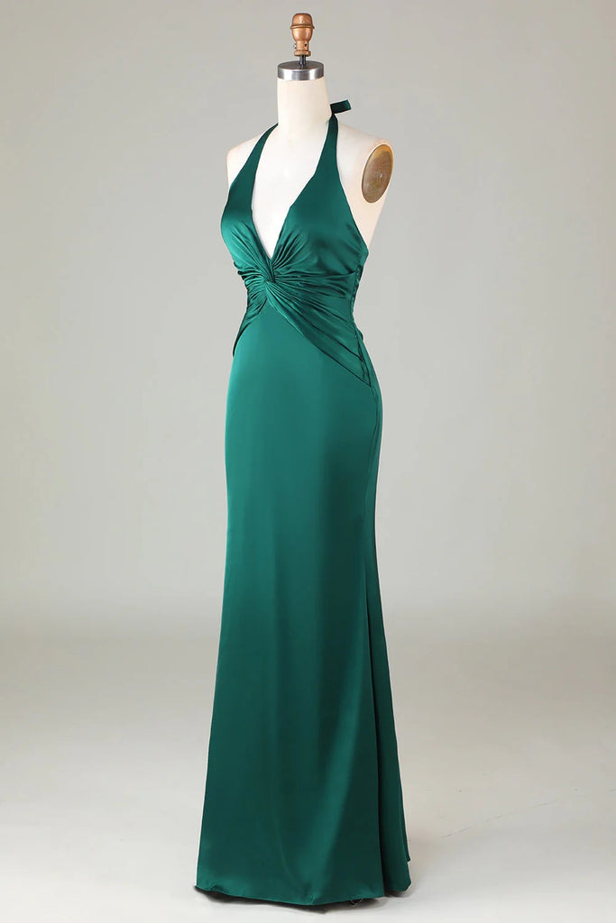 Elegant Emerald Green Mermaid Halter V Neck Pleats Maxi Long Party Prom Dresses,Evening Gowns,FM90