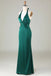 Elegant Emerald Green Mermaid Halter V Neck Pleats Maxi Long Party Prom Dresses,Evening Gowns,FM90