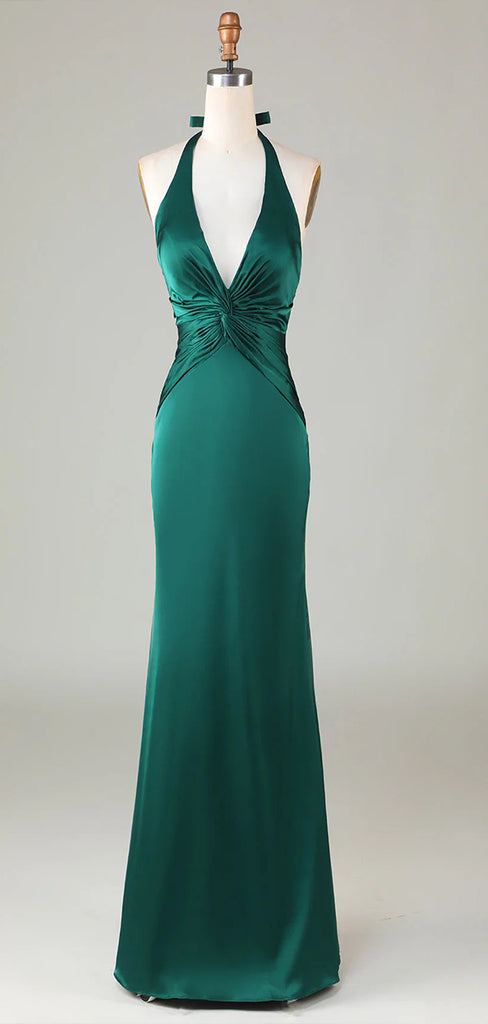 Elegant Emerald Green Mermaid Halter V Neck Pleats Maxi Long Party Prom Dresses,Evening Gowns,FM90