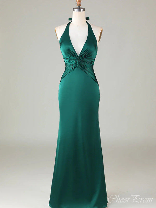 Elegant Emerald Green Mermaid Halter V Neck Pleats Maxi Long Party Prom Dresses,Evening Gowns,FM90