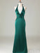 Elegant Emerald Green Mermaid Halter V Neck Pleats Maxi Long Party Prom Dresses,Evening Gowns,FM90