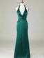 Elegant Emerald Green Mermaid Halter V Neck Pleats Maxi Long Party Prom Dresses,Evening Gowns,FM90