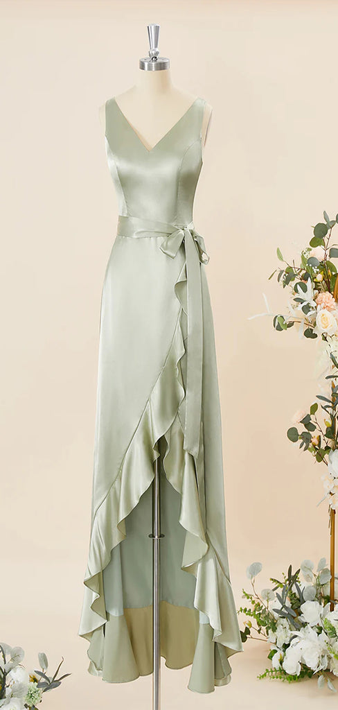 Elegant Sage Mermaid V Neck Short Front Long Back Maxi Long Party Prom Dresses,Evening Gowns,FM91