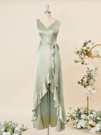 Elegant Sage Mermaid V Neck Short Front Long Back Maxi Long Party Prom Dresses,Evening Gowns,FM91