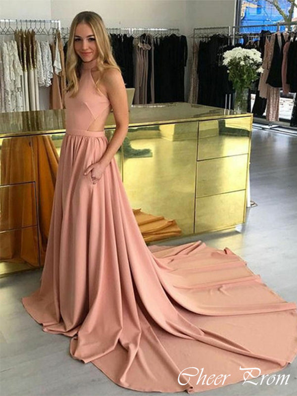 Elegant Pink Halter A-Line Popular Maxi Long Party Prom Dresses,Evening Dress Online, FM556