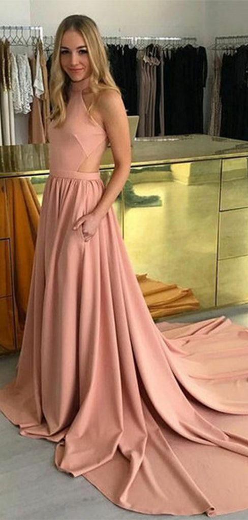 Elegant Pink Halter A-Line Popular Maxi Long Party Prom Dresses,Evening Dress Online, FM556