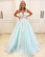 Gorgeous A-Line V Neck Spaghetti Straps Applique Lace Maxi Long Party Prom Dresses,Evening Gowns,FM93