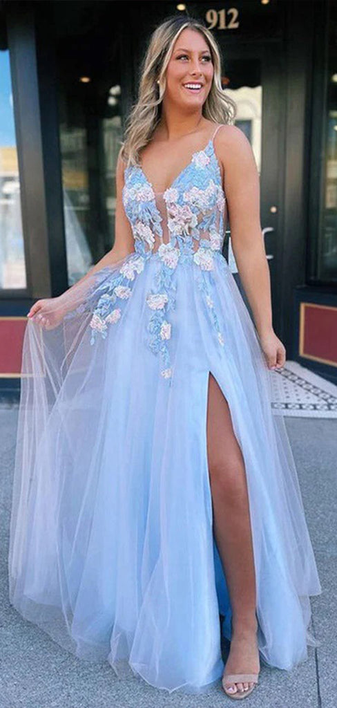 Gorgeous A-Line Spaghetti Straps V Neck Side Slit Applique Long Party Prom Dresses,Evening Gowns,FM95