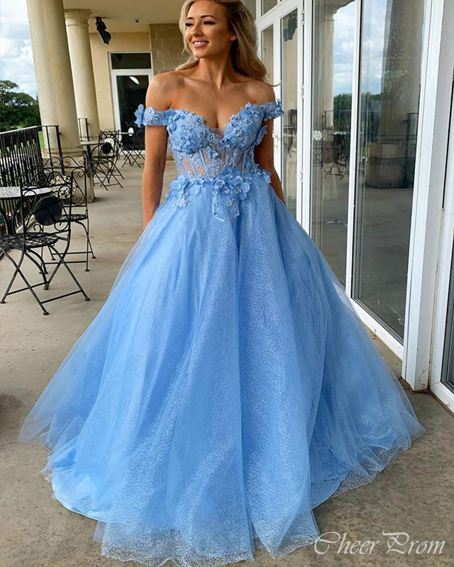 Gorgeous A-Line Off Shoulder V Neck Applique Maxi Long Party Prom Dresses,Evening Gowns,FM96