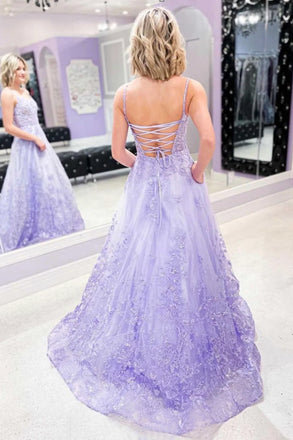 Elegant Lilac A-Line Spaghetti Straps Applique Sequin Maxi Long Party Prom Dresses,Evening Gowns,FM97