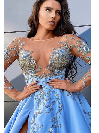 Sexy Blue Sweetheart A-Line Side Slit Lace&nbsp;Popular Maxi Long Party Prom Dresses, FM571