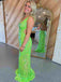 Elegant Lime Green V-Neck Mermaid Side Slit Popular Maxi Long Party Prom Dresses, FM569