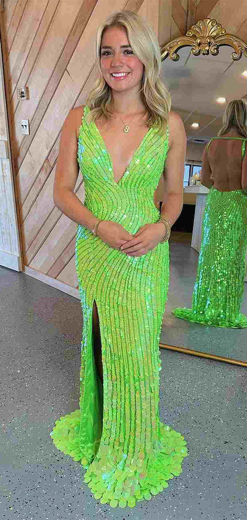 Elegant Lime Green V-Neck Mermaid Side Slit Popular Maxi Long Party Prom Dresses, FM569