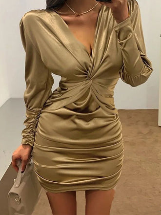 Elegant Golden V-Neck Tight Pleats Long Sleeve Popular Short Homecoming Prom Dress, CPH306