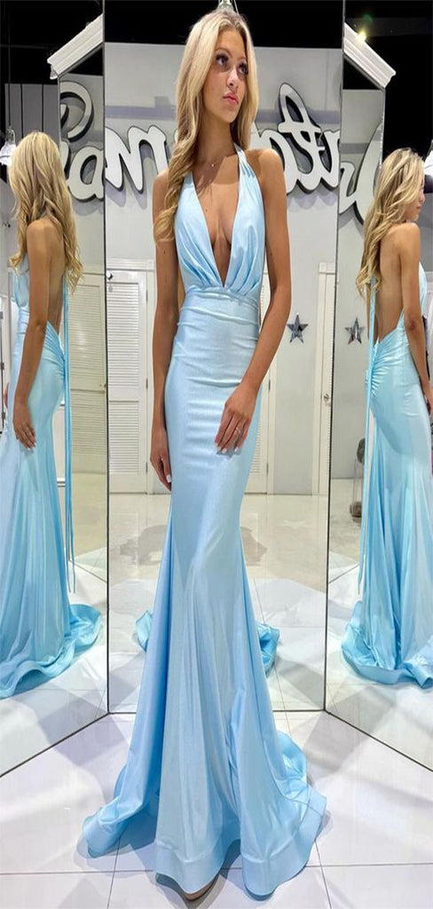 Sexy Blue Mermaid Halter V Neck Pleats Long Party Prom Dresses,Evening Gowns,FM10