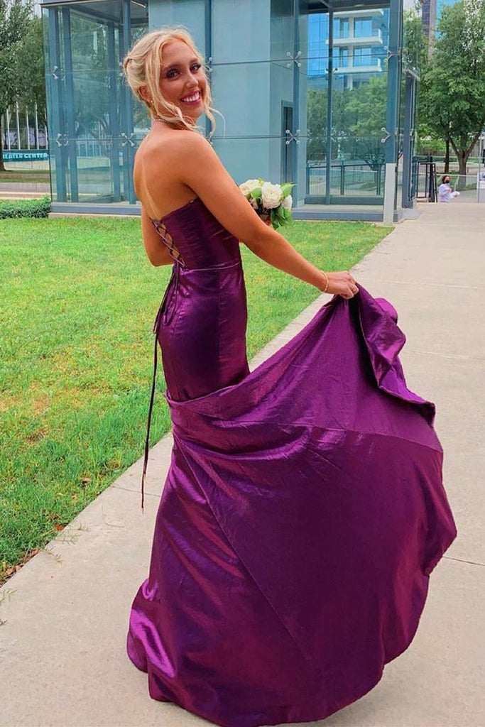 Charming Purple Strapless Sleeveless Side Slit Maxi Long Party Prom Dresses, Evening Gowns, FM364