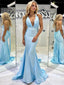 Sexy Blue Mermaid Halter V Neck Pleats Long Party Prom Dresses,Evening Gowns,FM10