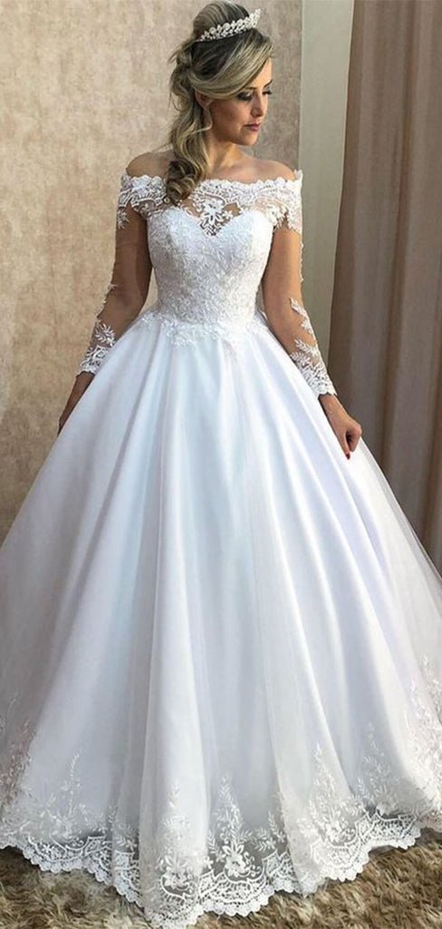 Romantic Lace Sweetheart Full Sleeve Applique Popular Long Bridal Dress, Wedding Dresses, CPD073