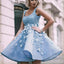 Charming Sky Blue Beaded Appliques A-line Satin Short Homecoming Prom Dress, CPH01