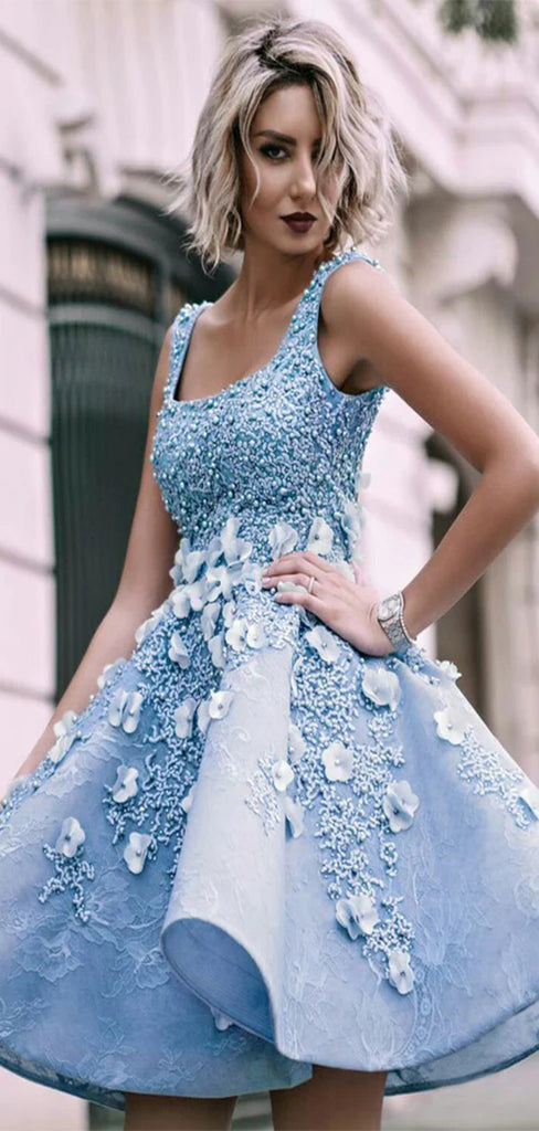 Charming Sky Blue Beaded Appliques A-line Satin Short Homecoming Prom Dress, CPH01