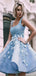 Charming Sky Blue Beaded Appliques A-line Satin Short Homecoming Prom Dress, CPH01