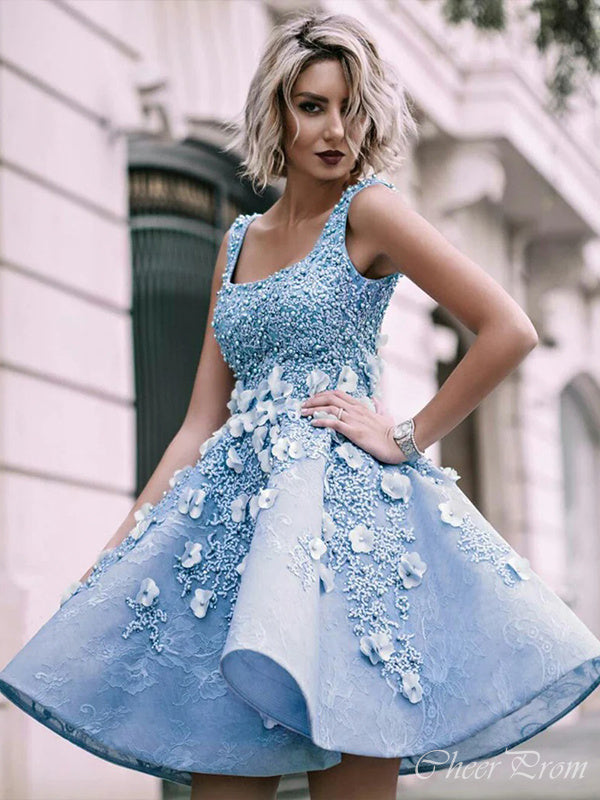 Charming Sky Blue Beaded Appliques A-line Satin Short Homecoming Prom Dress, CPH01