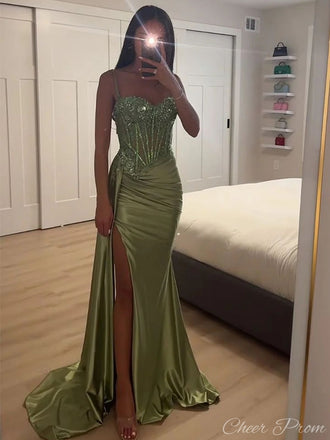 Sexy Green Spaghetti Strap Sleeveless Mermaid Side Slit Long Prom Dress Ideas, Evening Party Dresses, FM639