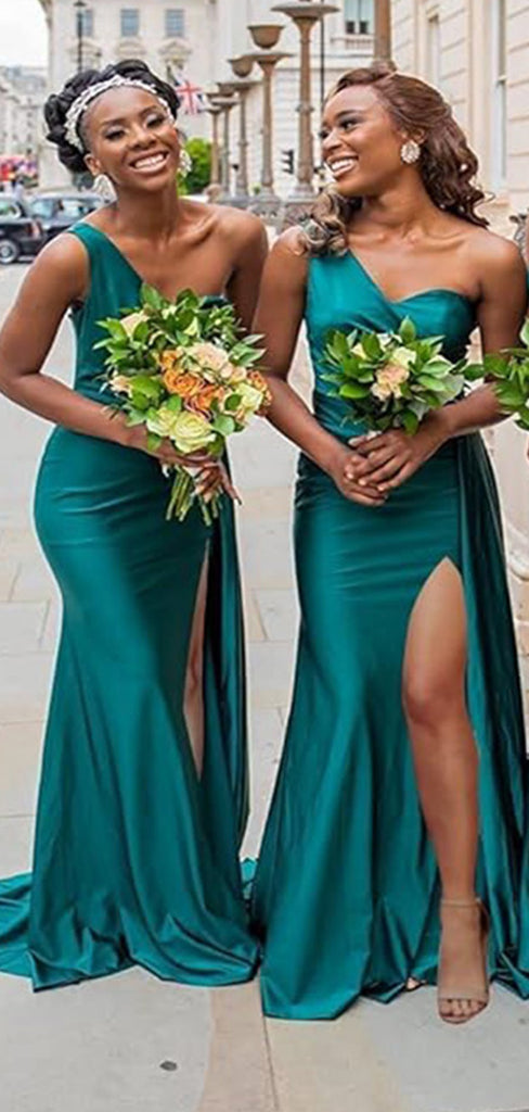 Sexy Green One Shoulder Side Slit Cheap Long Bridesmaid Dresses Online,CP10