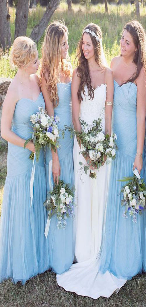 Elegant Sky Blue Mermaid Strapless Cheap Long Wedding Party Bridesmaid Dresses Online, CP112