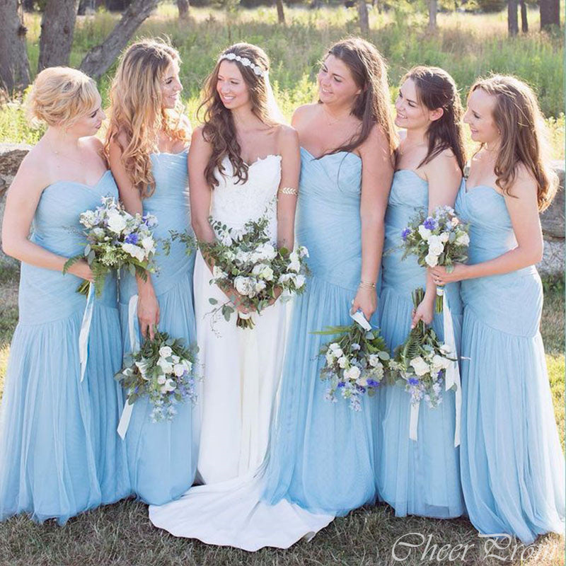 Elegant Sky Blue Mermaid Strapless Cheap Long Wedding Party Bridesmaid Dresses Online, CP112