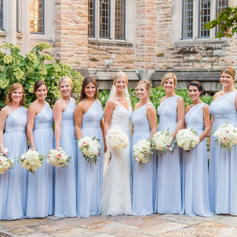 Elegant Light Blue A-Line One Shoulder Cheap Long Wedding Party Bridesmaid Dresses Online, CP113