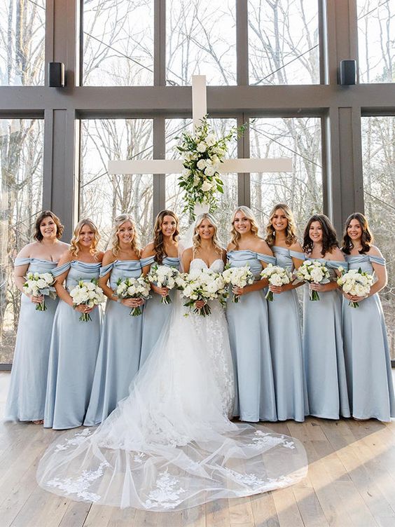 Elegant Blue A-Line Off Shoulder Popular Cheap Long Wedding Party Bridesmaid Dresses Online, CP114