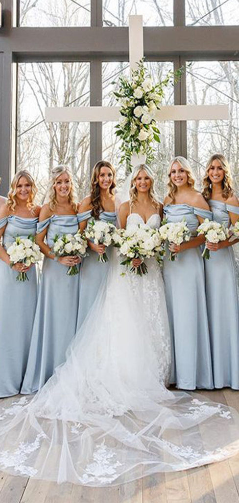 Elegant Blue A-Line Off Shoulder Popular Cheap Long Wedding Party Bridesmaid Dresses Online, CP114