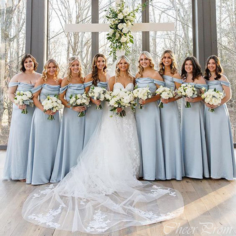 Elegant Blue A-Line Off Shoulder Popular Cheap Long Wedding Party Bridesmaid Dresses Online, CP114