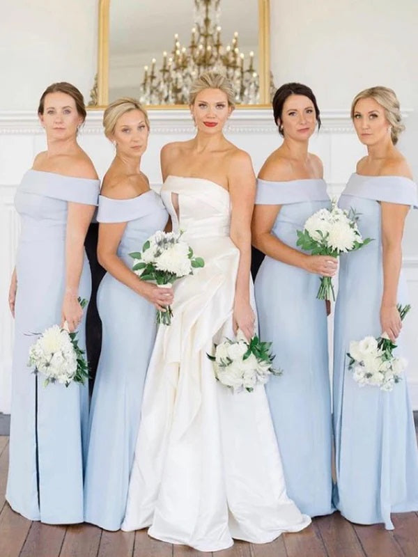 Elegant Sky Blue Mermaid Off Shoulder Side Slit Popular Cheap Long Wedding Party Bridesmaid Dresses Online, CP126