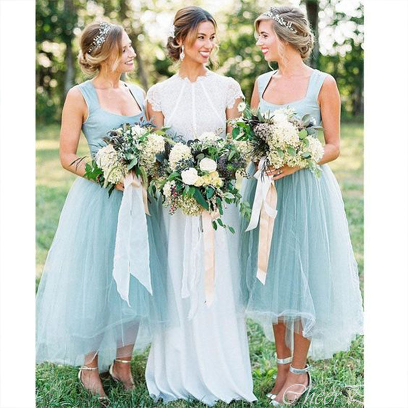 Charming A-Line Short Front Long Back Popular Cheap Long Wedding Party Bridesmaid Dresses Online, CP129