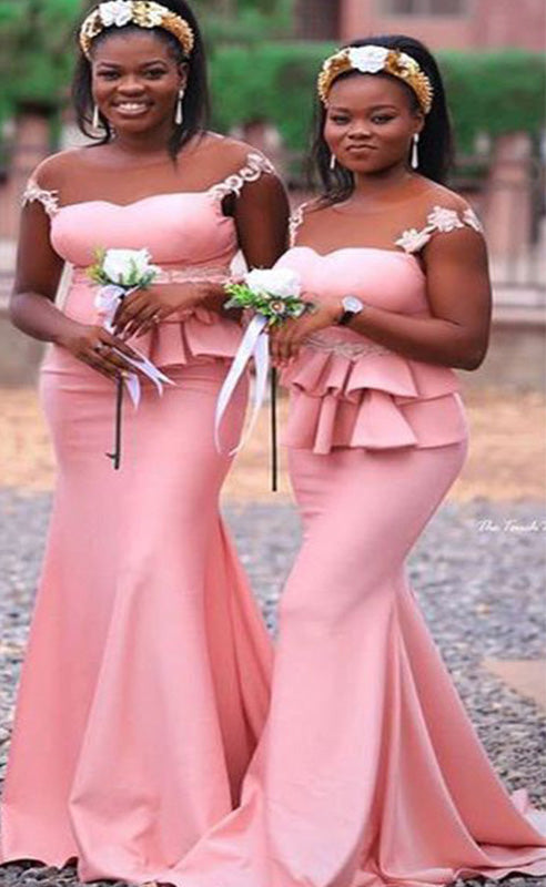 Popular Pink Mermaid Sweetheart Spaghetti Straps Ruffle Cheap Long Bridesmaid Dresses Online,CP12