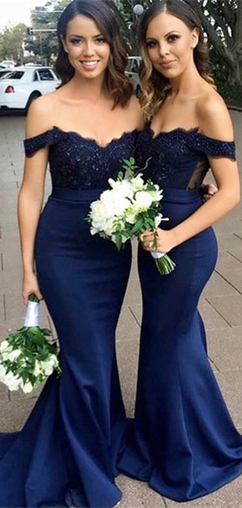 Sexy Navy Blue Mermaid Off Shoulder Lace Cheap Popular Long Wedding Party Bridesmaid Dresses Online, CP140