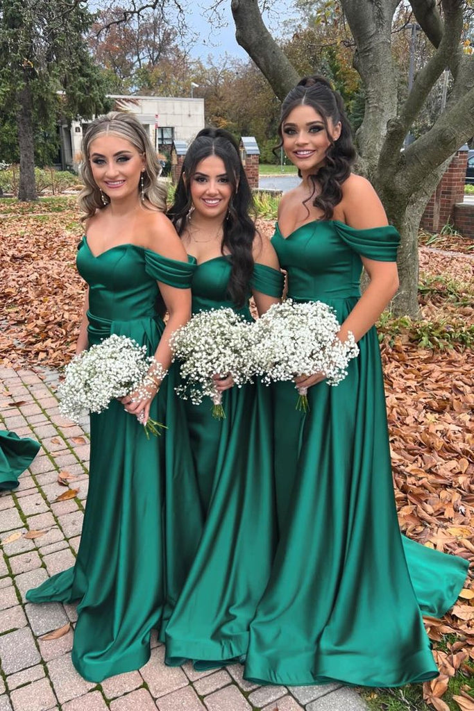 Charming Emerald Green A-Line Off Shoulder V Neck Cheap Popular Long Wedding Party Bridesmaid Dresses Online, CP142