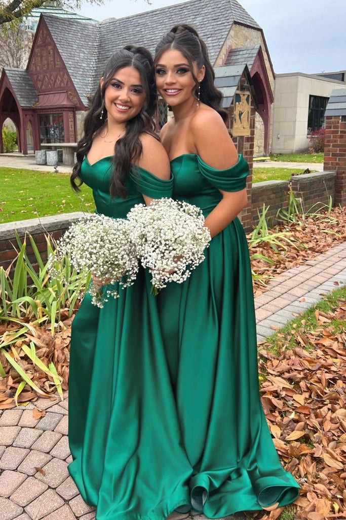 Charming Emerald Green A-Line Off Shoulder V Neck Cheap Popular Long Wedding Party Bridesmaid Dresses Online, CP142