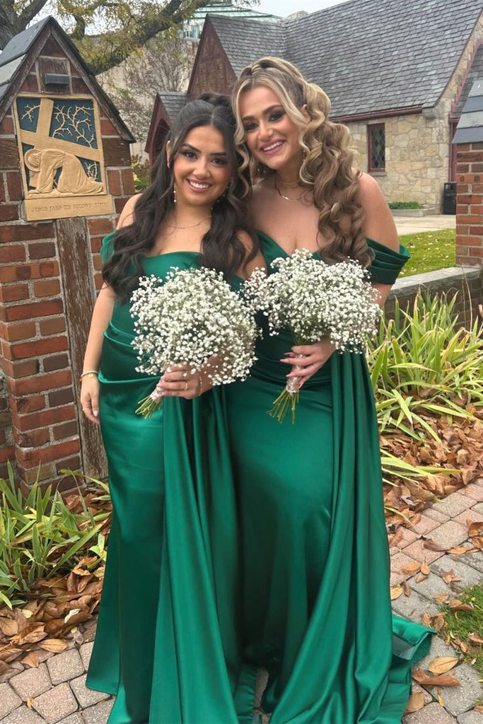 Charming Emerald Green A-Line Off Shoulder V Neck Cheap Popular Long Wedding Party Bridesmaid Dresses Online, CP142