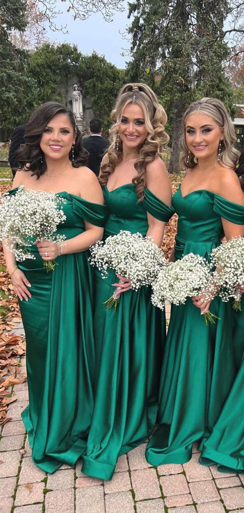 Charming Emerald Green A-Line Off Shoulder V Neck Cheap Popular Long Wedding Party Bridesmaid Dresses Online, CP142