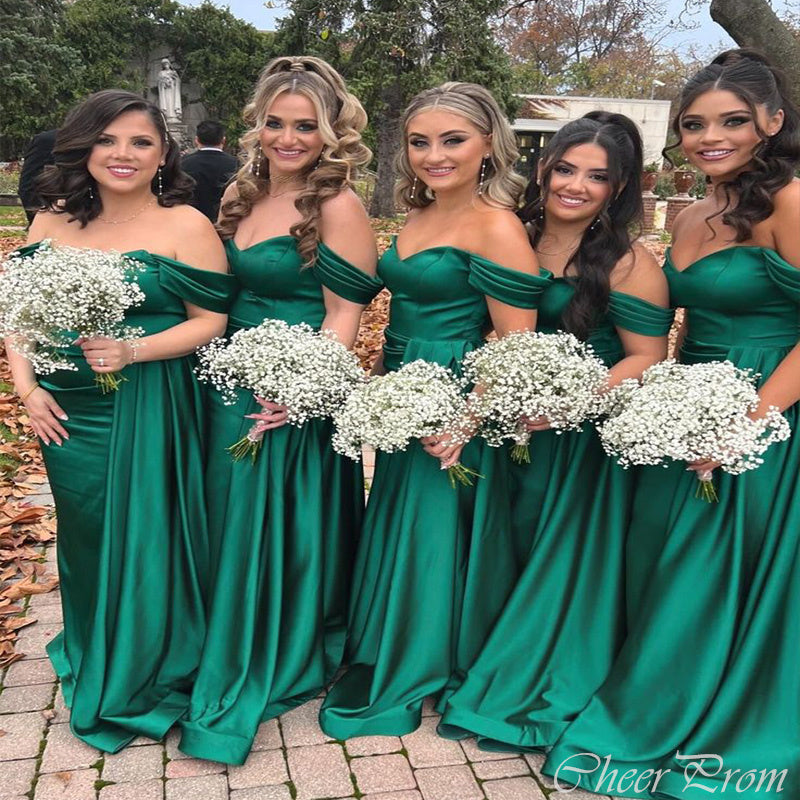 Charming Emerald Green A-Line Off Shoulder V Neck Cheap Popular Long Wedding Party Bridesmaid Dresses Online, CP142