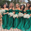 Charming Emerald Green A-Line Off Shoulder V Neck Cheap Popular Long Wedding Party Bridesmaid Dresses Online, CP142