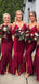 Sexy Red Mermaid Spaghetti Straps Off Shoulder V Neck Cheap Popular Long Wedding Party Bridesmaid Dresses Online, CP146