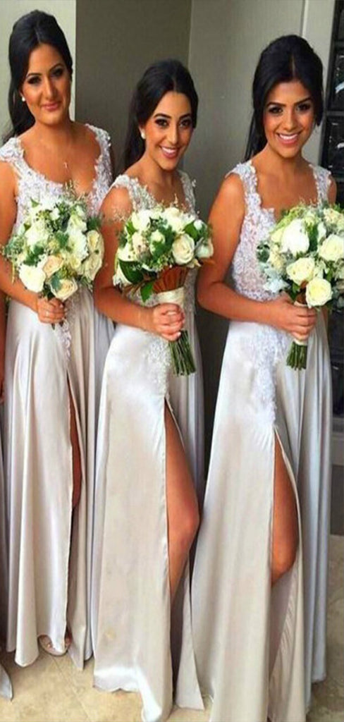 Elegant A-Line Straps Illusion Side Slit Applique Cheap Popular Long Wedding Party Bridesmaid Dresses Online, CP148